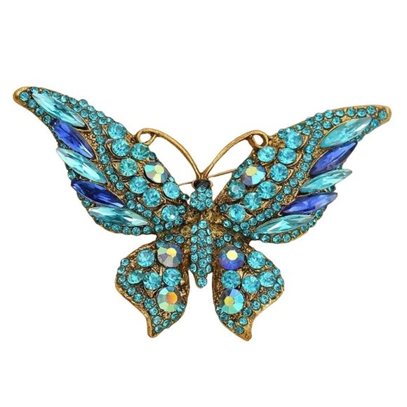 Unbranded Jewelry - Brooch Butterfly Blue A/B Rhinestone Crystals Gold Tone